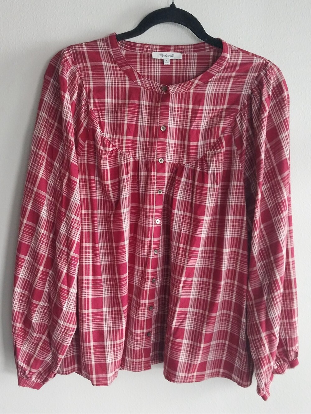 Madewell Red & Cream Plaid Peasant Sleeve Button Front Babydoll Top NWOT